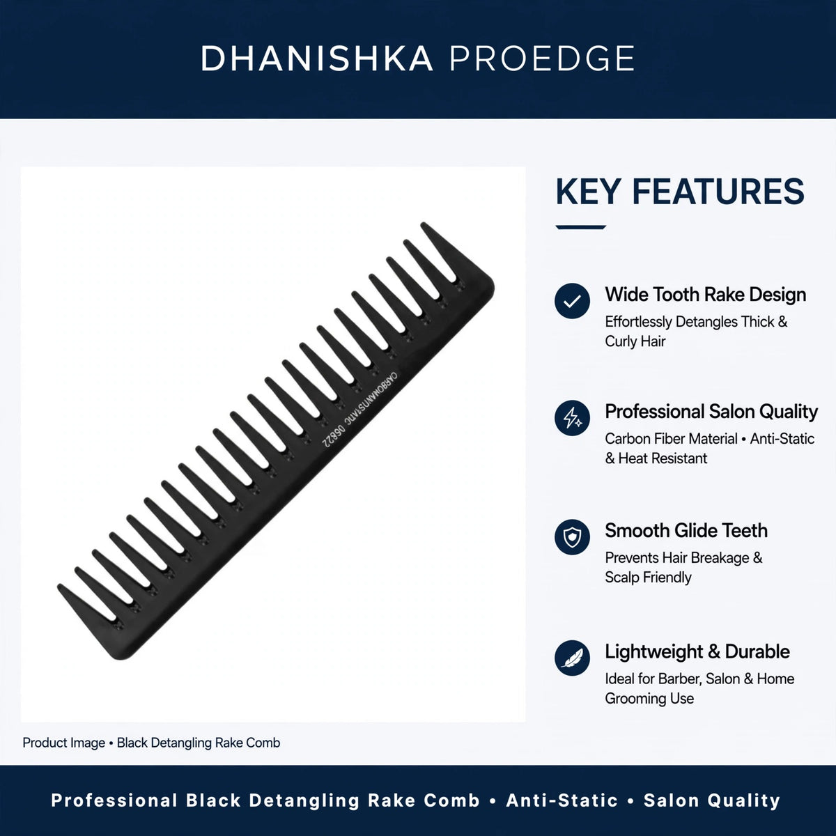 Black Carbon Fiber Tooth Comb - Anti-Static Heat Resistant Detangling Comb