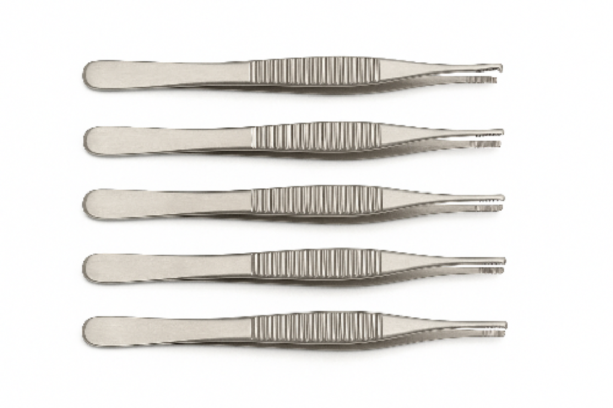 Set of five metal tweezers on a white background