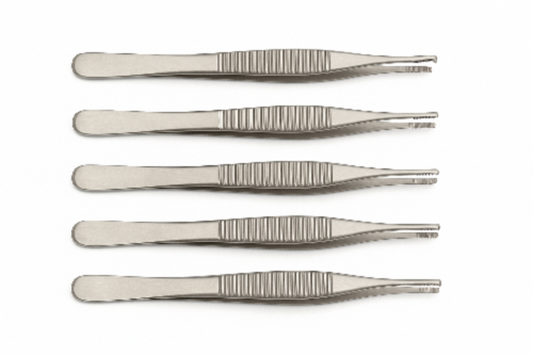 Set of five metal tweezers on a white background