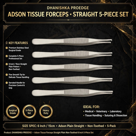 A promotional graphic for the Adson Tissue Forceps Straight 5-Piece Set by Dhanushka Proedge, showing five stainless steel forceps with detailed specifications, key features, and ideal use cases on a black background with gold accents.