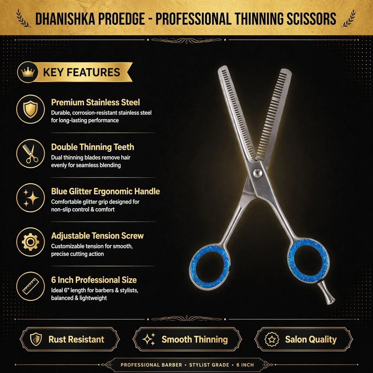 Dhanishka Proedge professional thinning scissors on a black background with gold and white text detailing key features such as premium stainless steel, double thinning teeth, ergonomic handle, and adjustable tension screw.