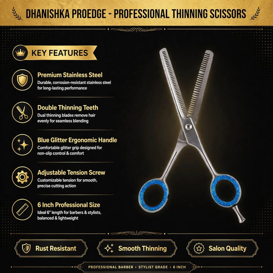 Dhanishka Proedge professional thinning scissors on a black background with gold and white text detailing key features such as premium stainless steel, double thinning teeth, ergonomic handle, and adjustable tension screw.