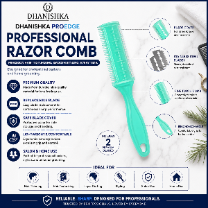Dhanishka ProEdge Professional Razor Comb promotional graphic featuring a turquoise-colored dual-sided razor comb with a clear blade cover, surrounded by feature callouts and icons on a white and navy background.