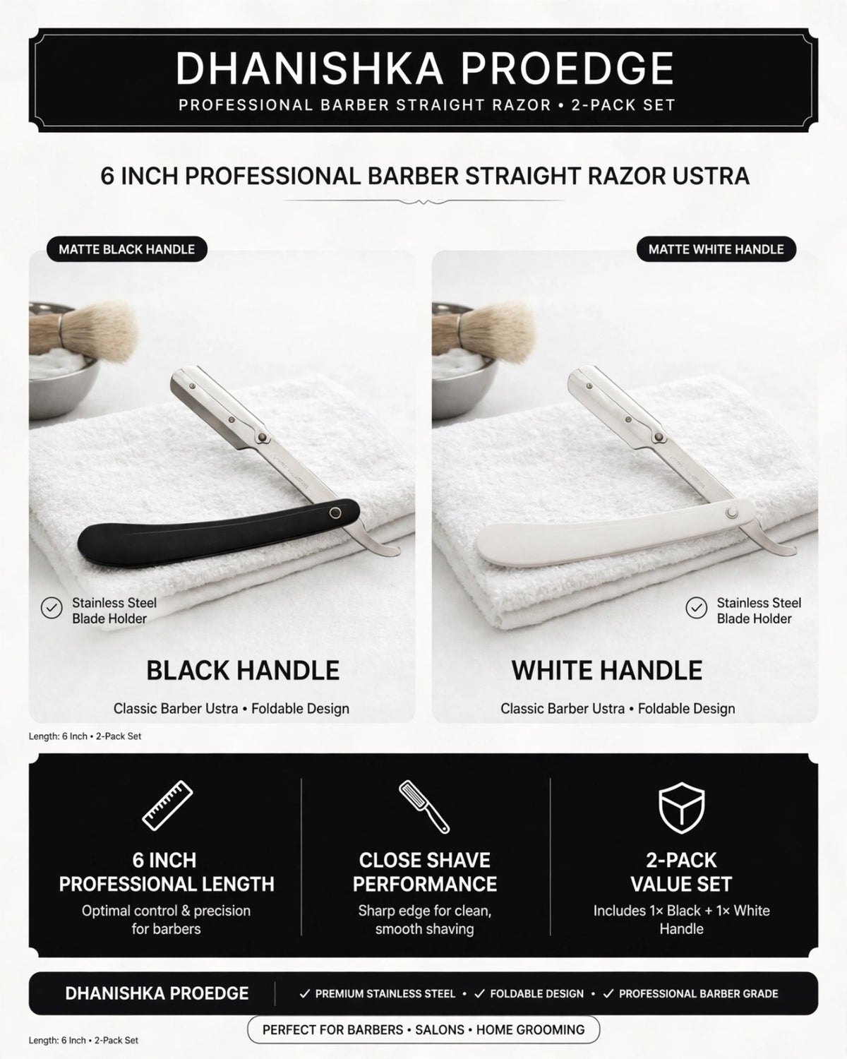 A promotional infographic for the Dhanishka Proedge 6-inch professional barber straight razor Ustra, showing two handle options: matte black and matte white. The graphic features product photos of both razors on white towels, technical specifications, and icons indicating it is a 2-pack set.