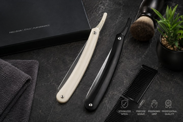 Straight razors, brush, and comb on a dark surface with branding text.