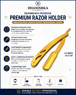 A gold-colored Dhanishka Proedge premium razor holder shown on a dark blue promotional infographic with feature callouts and icons.