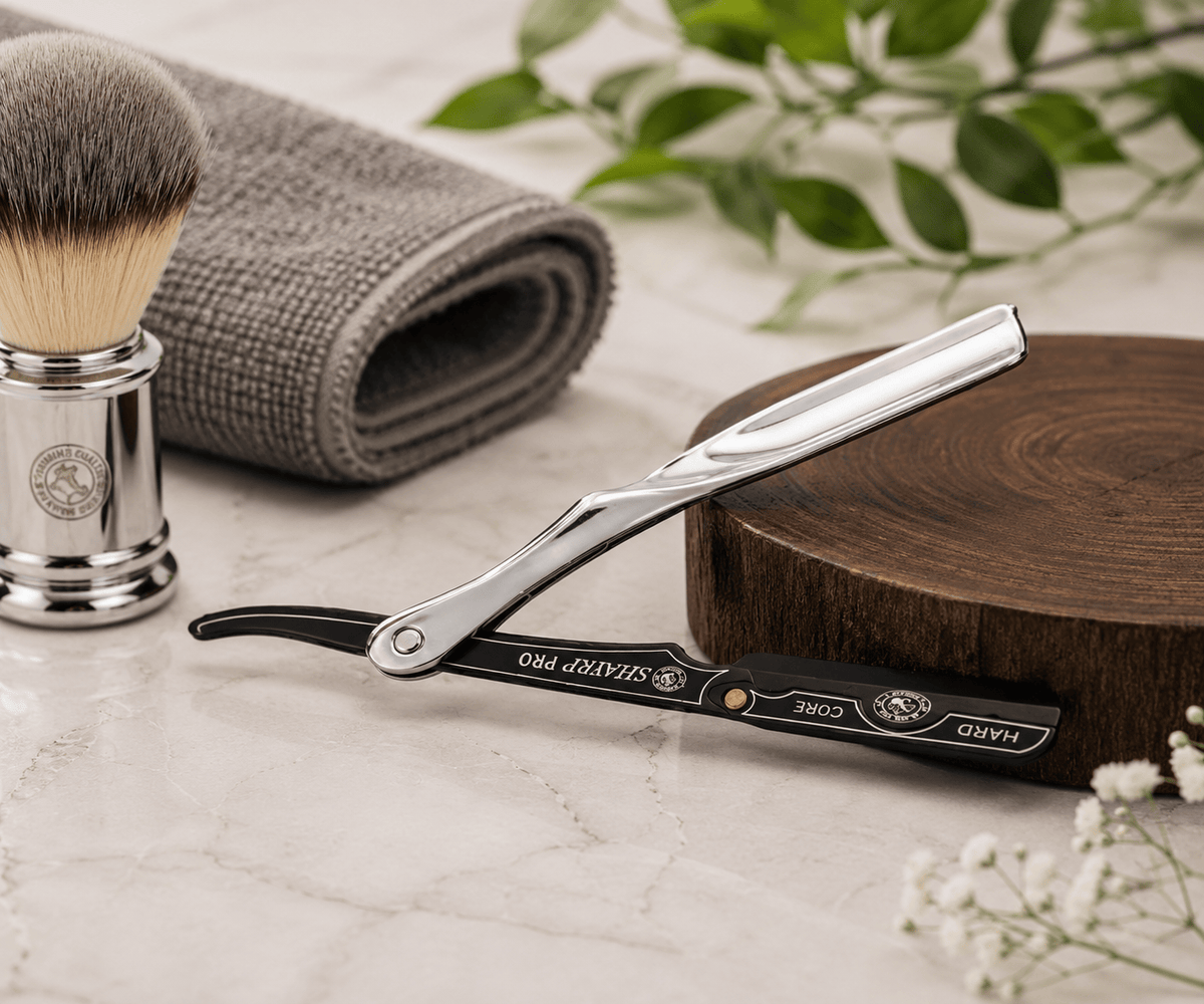 Shaving brush, razor, and towel on a wooden block with a natural background