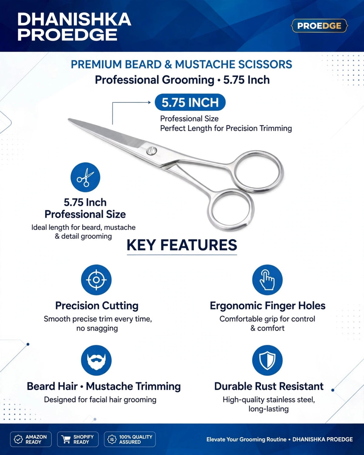 An informational product graphic for Dhanishka Proedge premium beard and mustache scissors. The image features a silver pair of professional grooming scissors in the center, with text highlighting key features such as 5.