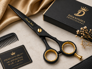 Black and gold Dhanishka Professional hair scissors displayed with a black branded box, black comb, and branded card on a beige surface with draped gold fabric and dried flowers.