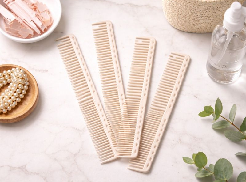 Set of four beige combs on a marble surface with a bowl, bottle, and leaves in the background.