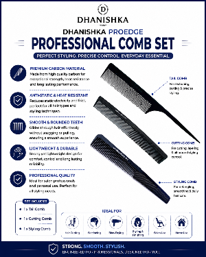 A promotional infographic for the Dhanishka Proedge Professional Comb Set, featuring a black multi-functional tail, cutting, and styling comb on a white background with blue and black text and icons.