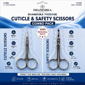 Dhanishka Proedge Cuticle & Safety Scissors Combo Pack in retail packaging, showing two stainless steel scissors in clear plastic blister packs on a blue and white card.