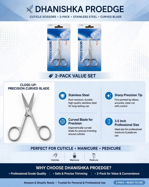 Promotional graphic for Dhanishka Proedge cuticle scissors showing two packaged 2-pack sets, a large close-up of the scissors, feature callouts, and branding on a blue and white background.