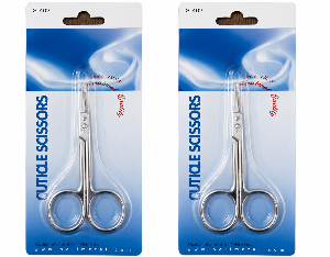Two packages of cuticle scissors with blue and white design.