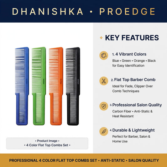 Four flat top barber combs in blue, green, orange, and black are displayed side-by-side on a white background, with text detailing key features and the brand 'Dhanishka Proedge'.