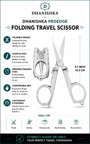 Dhanishka Proedge Folding Travel Scissors shown on a white infographic background with product features, dimensions, and usage icons. The scissors are silver stainless steel and are centered, with text highlighting compact folding design, sharp blades, premium stainless steel, ergonomic grip, and lightweight portability.