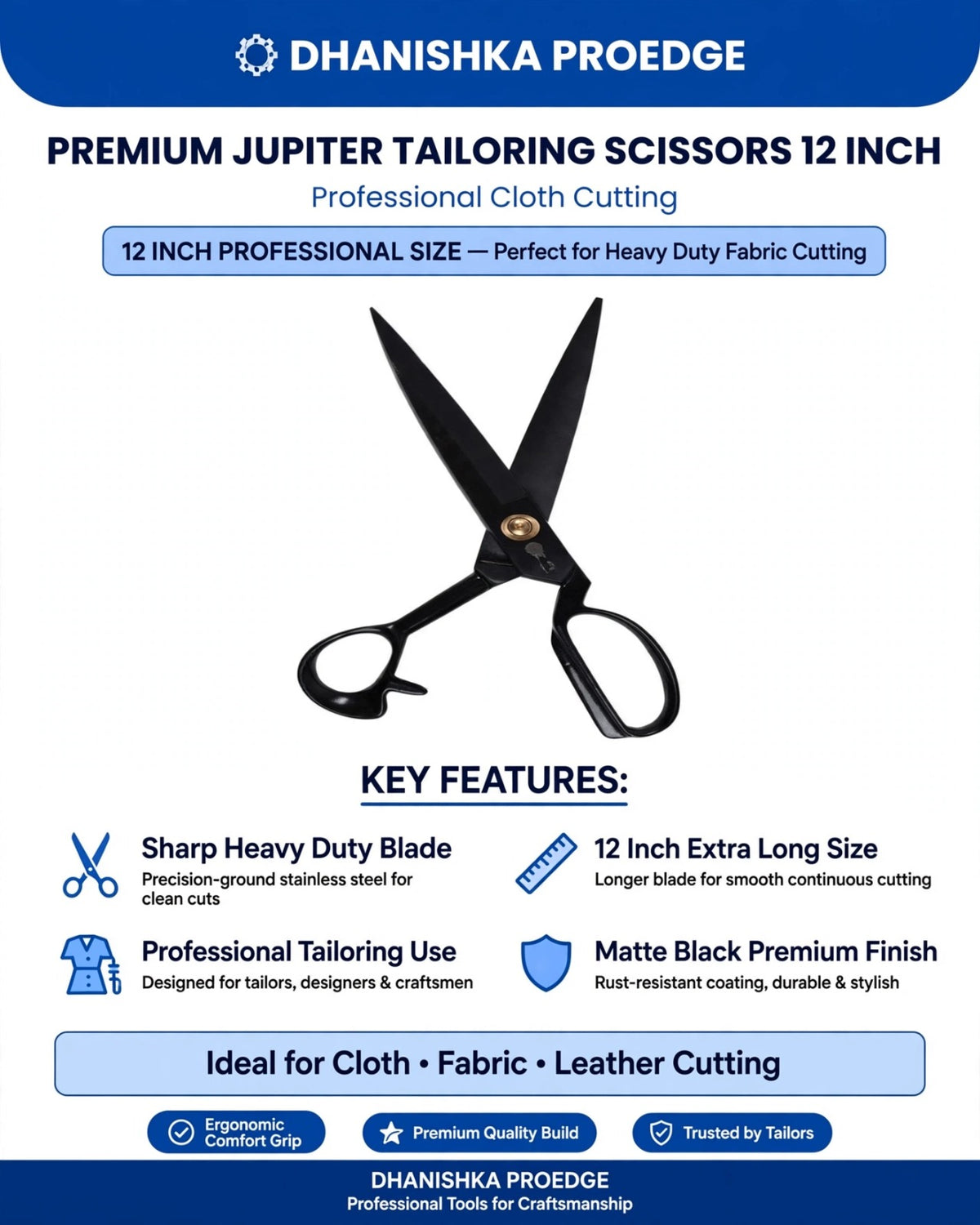 A promotional graphic for Dhanshika Proedge Premium Jupiter Tailoring Scissors, 12 inches. The scissors are shown in a matte black finish with a gold-colored pivot screw.