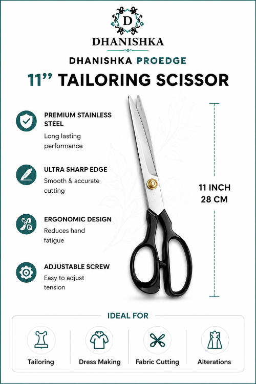 Dhanisha Proedge 11-inch tailoring scissors with black handles and silver stainless steel blades, shown on a white infographic background with product features and dimensions.