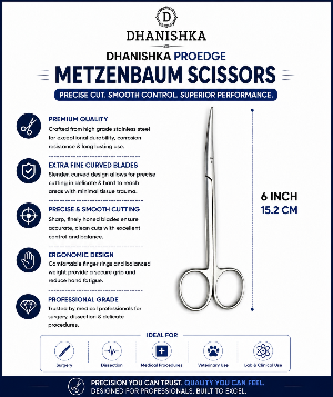 A promotional infographic for Dhanshika Proedge Metzenbaum Scissors. The image features a clean white background with a large, clear depiction of the silver metal scissors in the center-right.