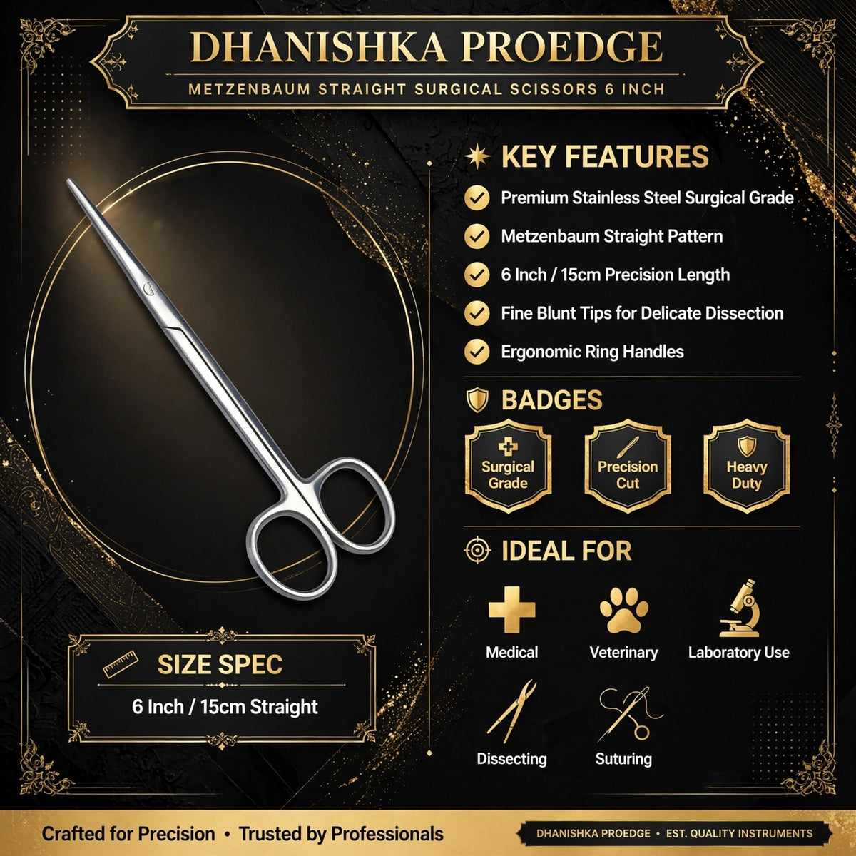 Dhanishka Proedge Metzenbaum Scissors Straight Curved 6" | Stainless Steel