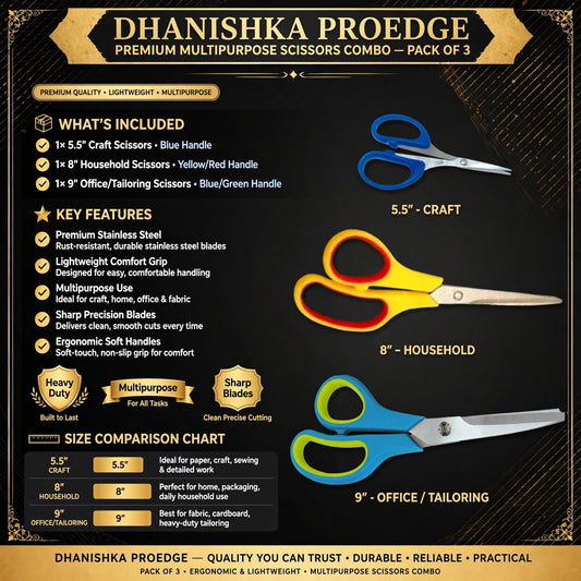 Promotional graphic for the Dhanushka Proedge Premium Multipurpose Scissors Combo, showing three pairs of scissors in blue, yellow/red, and blue/green handles with size comparison charts and feature highlights on a dark textured background.