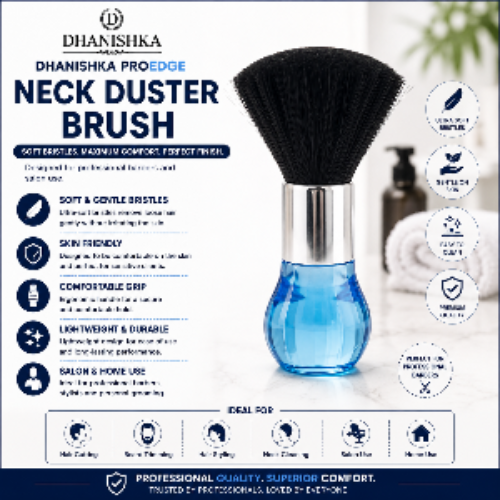 Dhanishka ProEdge Neck Duster Brush shown on a promotional graphic background. The neck duster features ultra-soft black bristles, a silver metallic neck, and a translucent blue glass base.