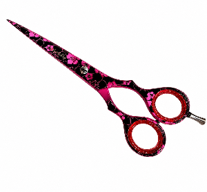 A pair of professional hairdressing shears with a glossy black and vibrant pink floral pattern, featuring textured red handle rings and a silver metal pivot screw.