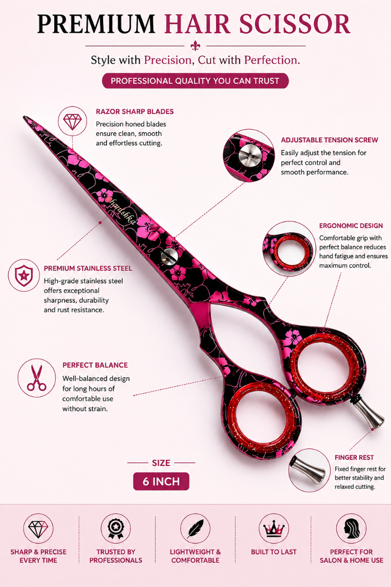 Salon Scissor 6 Inch Pink Floral - Professional Hair Cutting Scissor