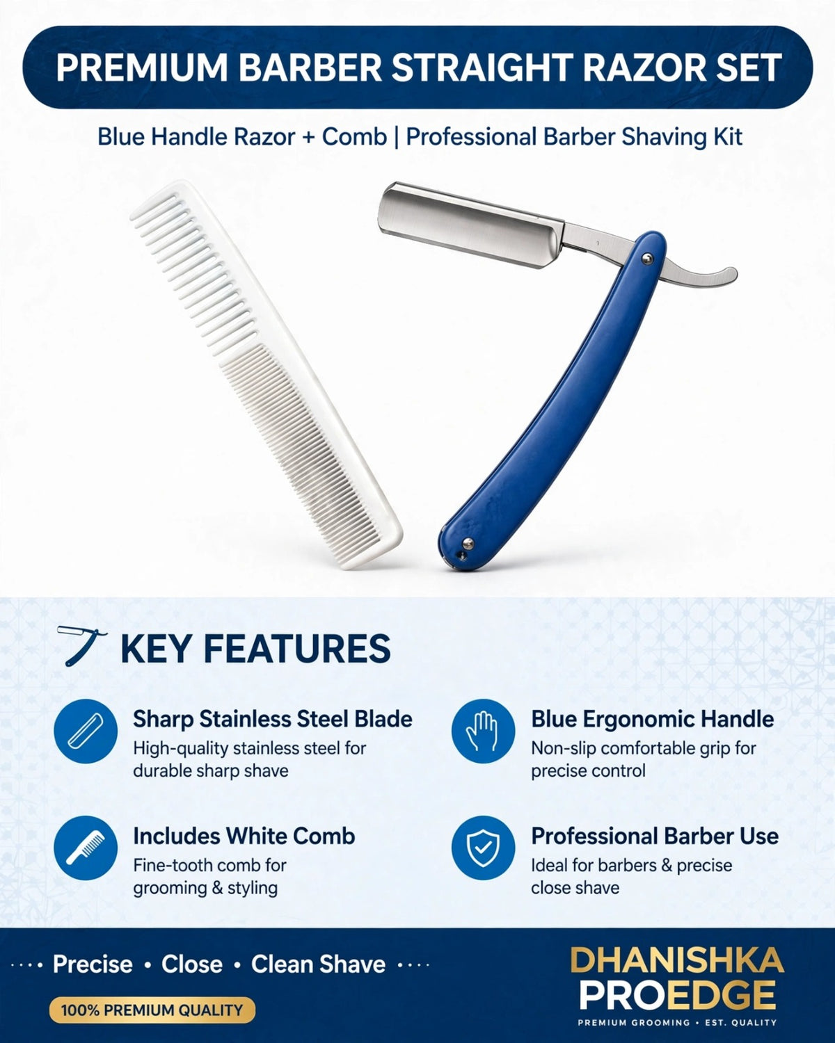 Promotional graphic for a premium barber straight razor set, showing a blue-handled razor and a white comb on a light blue background with text detailing key features and the brand Dhanishka Proedge.