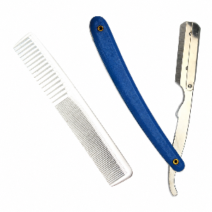 White comb and blue-handled straight razor on a white background