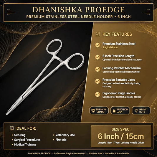 A promotional graphic for the Dhanishka Proedge 6-inch stainless steel needle holder, showing the silver metal tool on a dark gold background with text detailing its features, ideal uses, and size specifications.