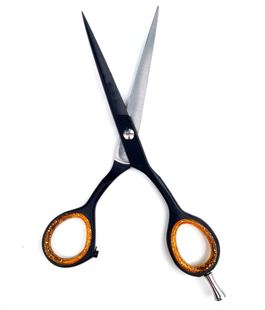 Hairdressing scissors with black handles and orange accents on a white background