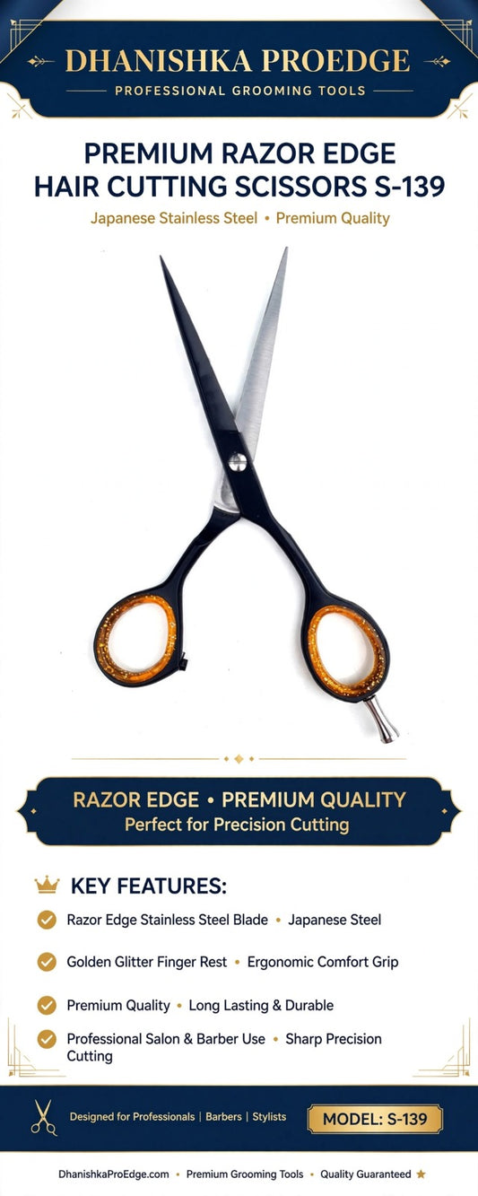 A promotional graphic for Dhanisha Proedge Razor Edge Premium Hair Cutting Scissors S-139, showing a pair of black-handled scissors with gold and orange accents on a white background, surrounded by product details and key features text.