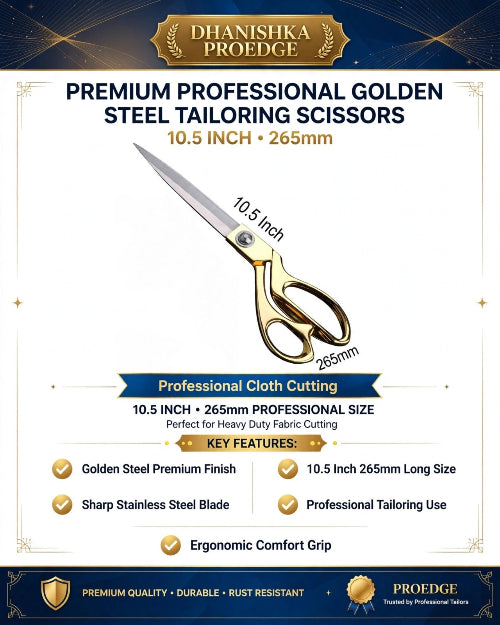 A promotional graphic for Dhanshika Proedge premium professional golden steel tailoring scissors, showing a single pair of scissors with a gold handle and silver blade on a white background with text detailing its features and dimensions.