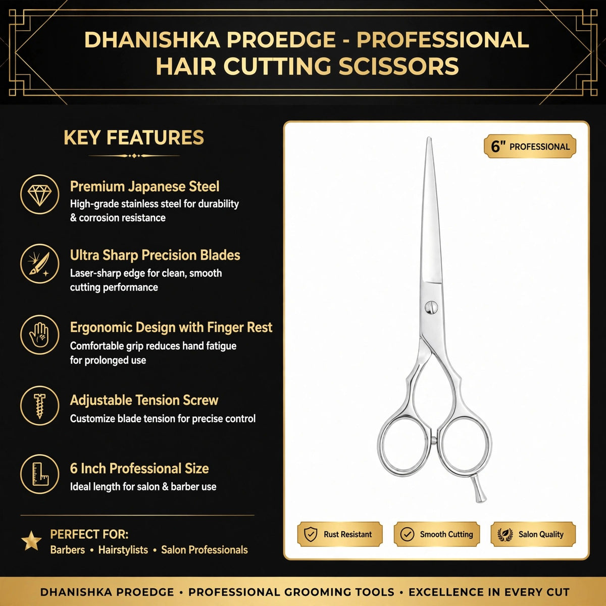 Dhanishka Proedge 6-inch professional hair cutting scissors shown on a black promotional graphic with feature callouts and product details.