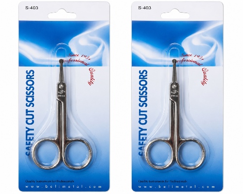 Two packages of safety cut scissors with a blue and white design.