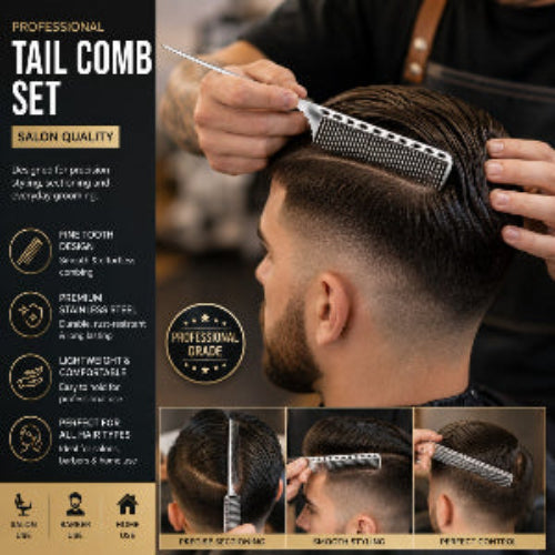 Barber using a tail comb on a customer's hair with product details on a black background.