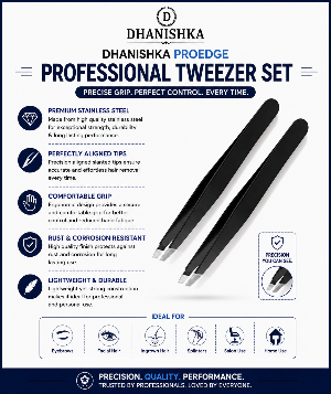 A promotional graphic for the Dhanishka Proedge Professional Tweezer Set, showing a pair of black stainless steel tweezers diagonally placed on a white background with blue and black text detailing product features and icons.