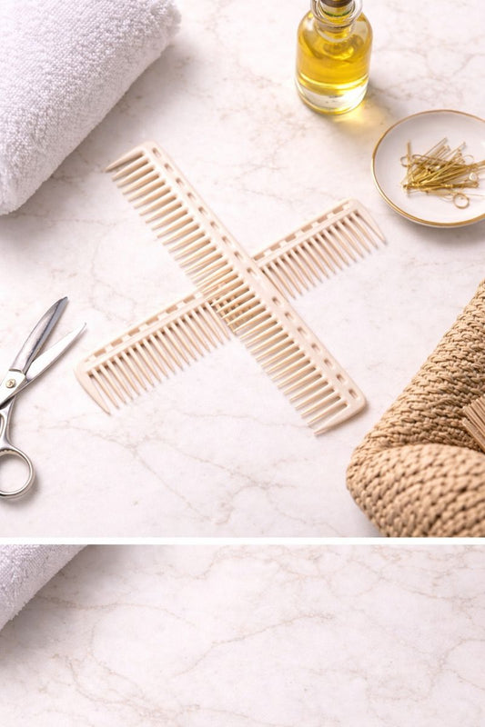 Wooden comb on a white surface with a towel, bottle, and basket in the background.