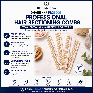 An infographic-style product listing image for Dhanishka ProEdge Professional Hair Sectioning Combs. The image features three beige wooden sectioning combs laid out on a white background with styling props like a bowl of hair, a small bottle, and green leaves.