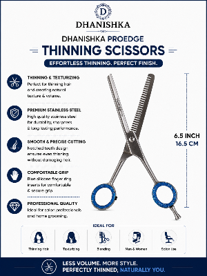 An informational product graphic for Dhanishka Proedge Thinning Scissors. The image features a pair of stainless steel scissors with blue handles, accompanied by text detailing its features (thinning & texturizing, premium stainless steel, smooth & precise cutting, comfortable grip, professional quality) and dimensions (6.
