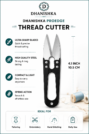 Dhanishka Proedge Thread Cutter with a black handle and silver blades, shown on a white infographic background with product features, dimensions, and use cases.