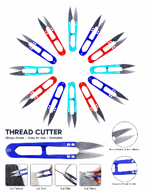 Colorful Jupiter thread cutter snips arranged in circular pattern, featuring sharp stainless steel blades for sewing, tailoring and embroidery work.