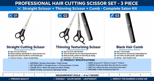 A 3-piece professional hair cutting set shown with product names and specifications: a straight cutting scissor, a thinning texturizing scissor, and a black hair comb. The image includes a measurement scale at the bottom and a blue header banner.