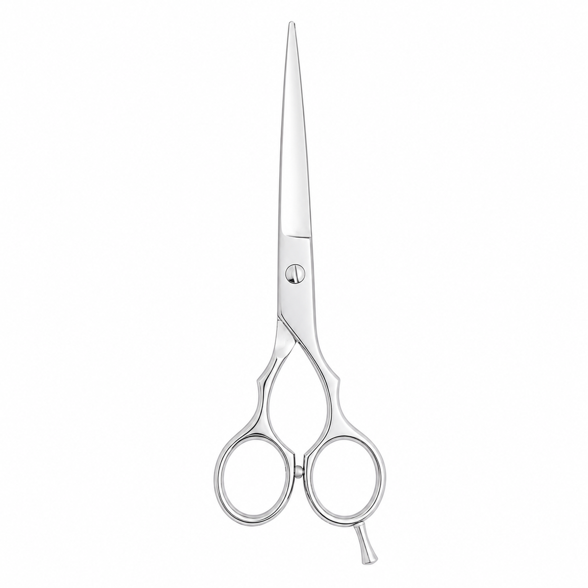 A pair of polished stainless steel hairdressing shears with long, slender blades and ergonomic loop handles, shown against a solid white background.