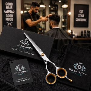 Dhanishka Proedge professional hair cutting scissors displayed with its black branded box, black drawstring bag, and hangtag in a barbershop setting, with a barber and client blurred in the background.