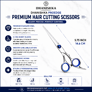 A promotional infographic for Dhanishka Proedge Premium Hair Cutting Scissors. The image features a pair of stainless steel scissors with blue accents on the handles, shown alongside a line pointing to its 5.