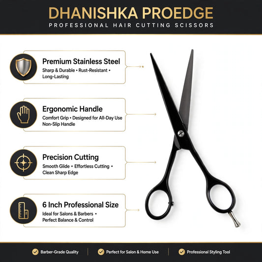 Dhanishka Proedge professional hair cutting scissors shown on a white infographic background with feature callouts for premium stainless steel, ergonomic handle, precision cutting, and 6 inch professional size.