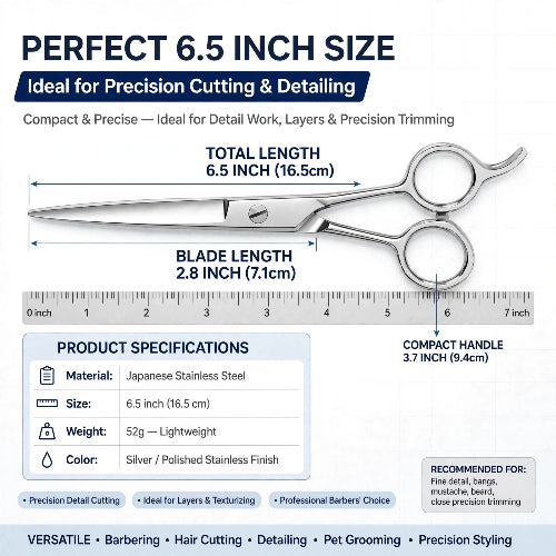 A silver stainless steel barbershop scissors shown on an infographic with measurements, specifications, and usage recommendations.