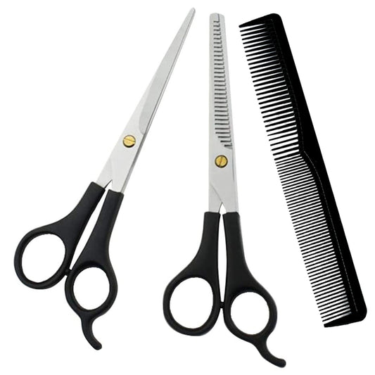 Professional Barber Scissors Set with Thinning Scissors & Carbon Hair Cutting Comb | Salon Hairdressing Kit (Pack of 3)